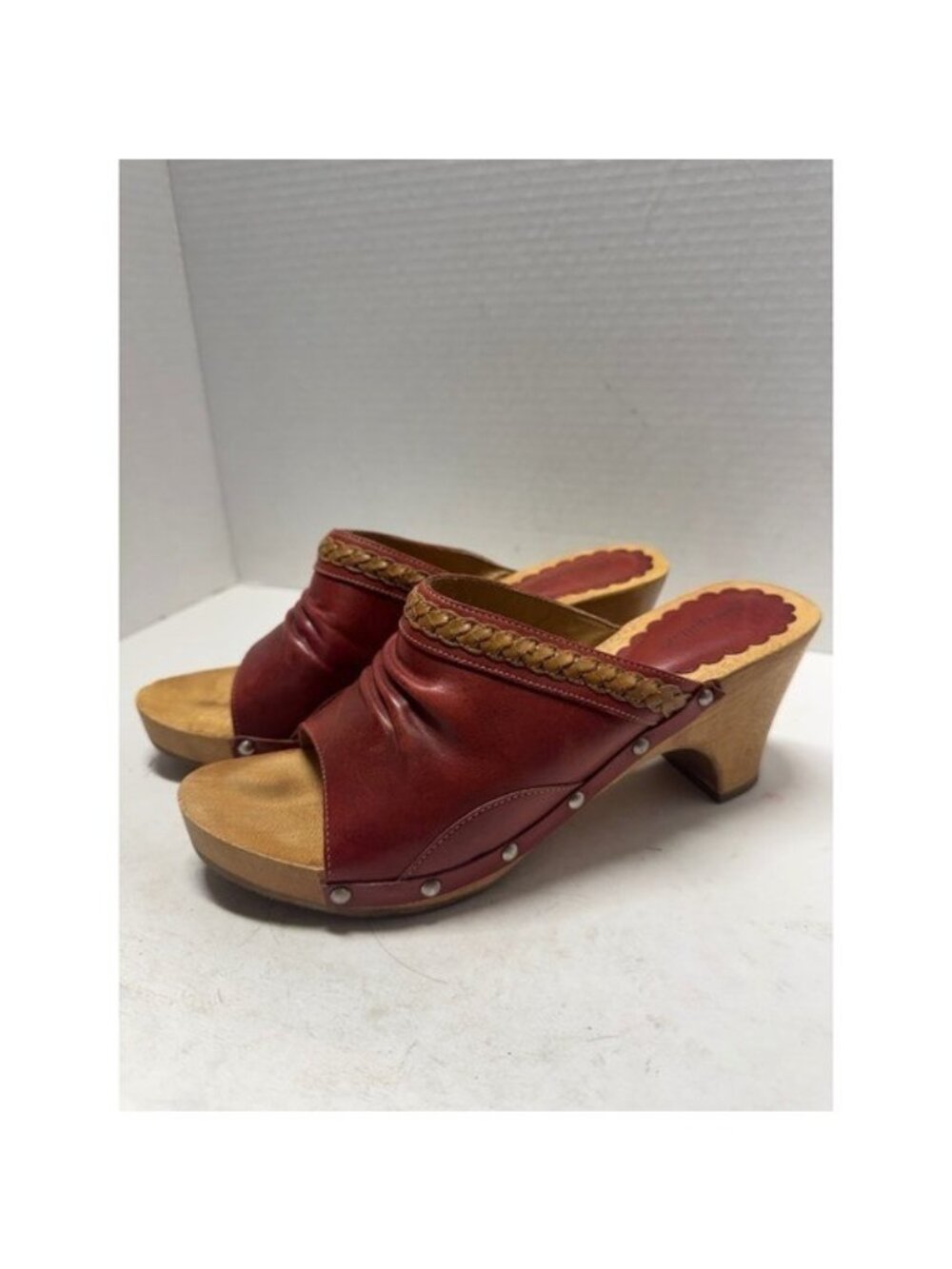 Vintage Caterpillar CAT Red Leather Wooden Clogs Mules Braided Studded Size 8
